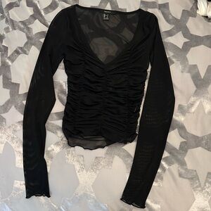 Forever 21 Black Mesh Plunge Long Sleeve Blouse